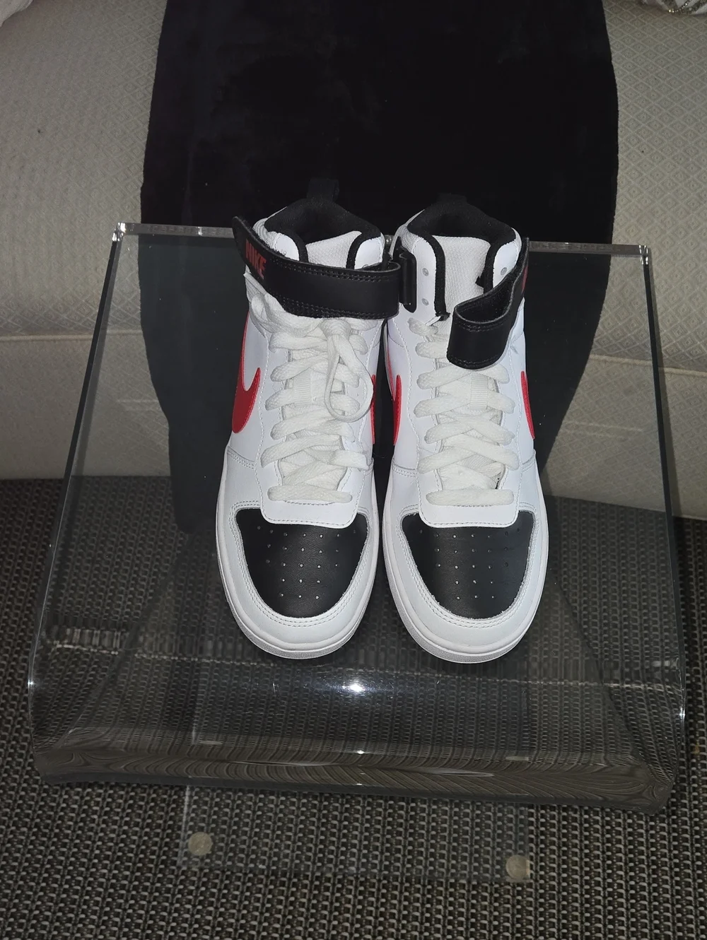 Nike Kids Borough Mid 2 High-Top Sneakers in White, Black & Red